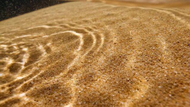 Underwater Serenity: A close-up view unveils the intricate patterns and textures of sand beneath the gentle caress of water. Light dances creating ripples on the surface.