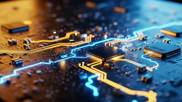 Futuristic circuit board with glowing blue and orange data streams and microchips representing technology innovation and digital network connections - Powered by Adobe