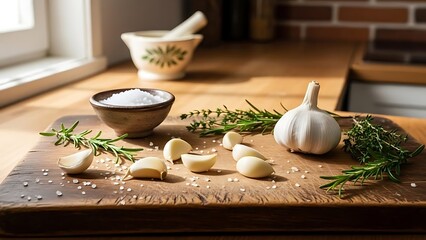 Fresh garlic and rosemary arranged on a rustic wooden cutting board with a mortar and pestle in the background