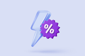 3D thunder bolt icons with coupon for sales and shopping online, discount coupon of cash. flash lightning on time alert notice special offer promotion. 3d price tags icon vector render illustration