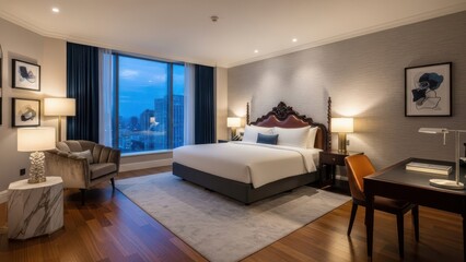 Luxurious Modern Hotel Suite Interior with King Size Bed, City View, and Elegant Decor