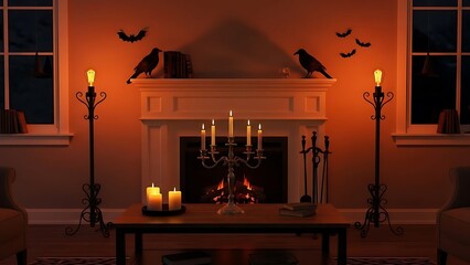 Cozy Halloween fireplace decorated with candles, candelabra, and bats, creating a warm and spooky atmosphere