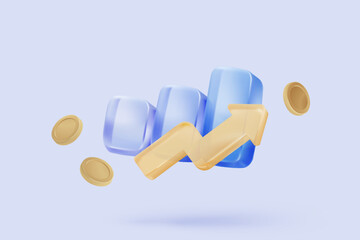 3D graph up with alert notice icon for finance statistic, sell and buy report. analyzing investment money cash and exchange with finance. 3d trading stock report icon vector render illustration