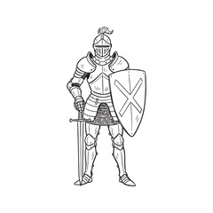 Medieval Knight Sketch Vector Illustration Standing in Full Armor with Sword and Shield Line Art Isolated on White Background

