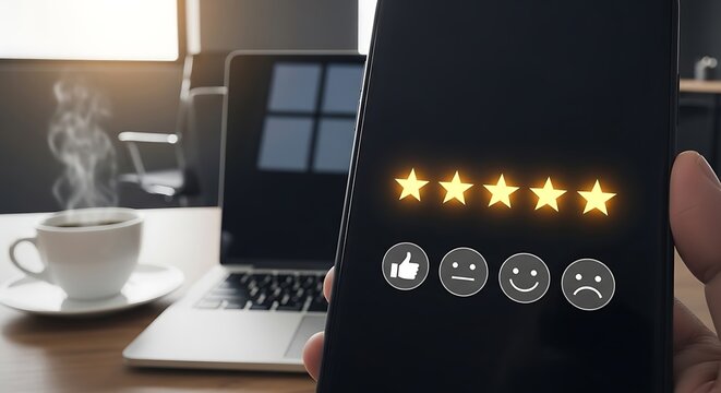 Customer feedback on smartphone screen with star rating and emojis alongside laptop and coffee