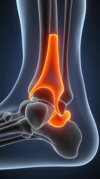 Medical animation of the human ankle joint showing the distal tibia and fibula bones and the talus bone highlighting inflammation and pain with glowing orange emphasis