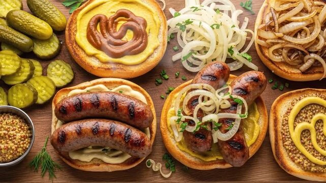 Overhead shot of grilled sausages with toppings on wooden surface