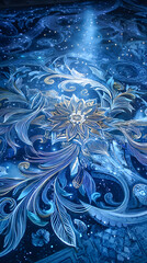 luxury icy glow fine art texture Intricate blue floral pattern with shimmering details macro frozen crystal sculpture detail blue luminous ice abstract background