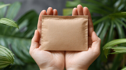 Close-up of hands holding small biodegradable package, eco-friendly business