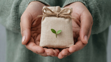 Close-up of hands holding small biodegradable package, eco-friendly business