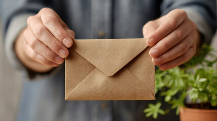 Close-up of hands holding small biodegradable package, eco-friendly business