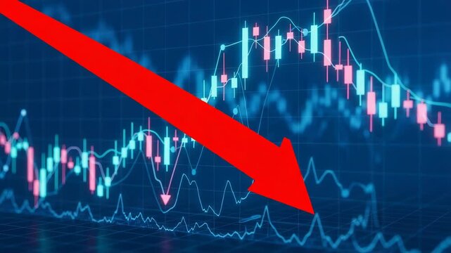 Red arrow pointing down on a stock market chart on a blue background