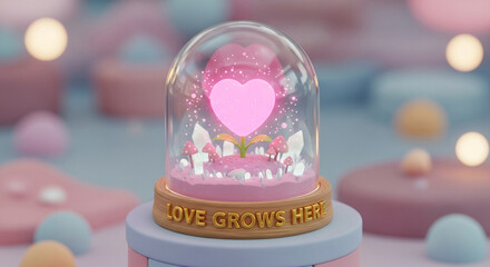 Pink Heart Plant in Whimsical Dome 3D Illustration