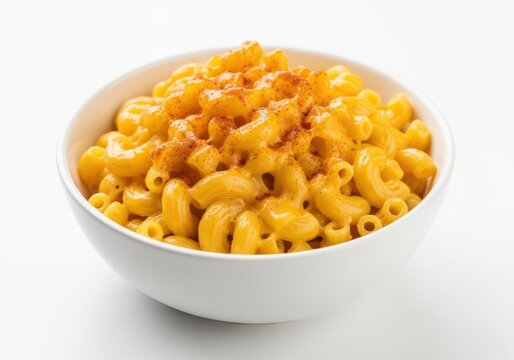 Delicious homemade macaroni and cheese in a white bowl served hot isolated on white background