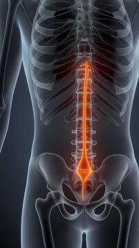 Medical Animation Showing the Lumbar Spine and Sacrum with a Highlighted Spinal Cord and Cauda Equina