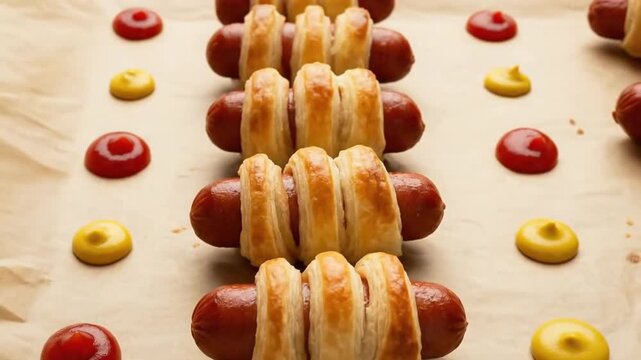 Prepared sausages with golden baked dough and colorful condiments