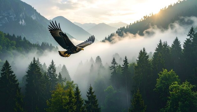 Soaring eagle over a misty forest with mountains in background - Powered by Adobe