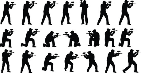 Paintball Silhouettes of Players in Tactical Action Poses &ndash; Standing, Kneeling, and Crouching with Guns and Protective Masks