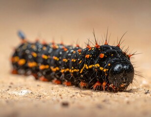 Close-up of colorful caterpillar crawling on a sandy, earthen surface