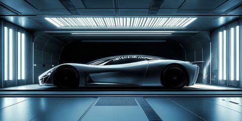 Futuristic Concept Supercar in Wind Tunnel Aerodynamic Testing