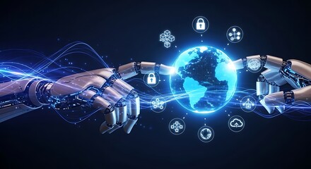 Robotic hands connecting to a glowing digital earth with data streams and icons
