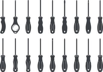 Silhouettes of Screwdriver Designs with Varied Handles and Tips – Flathead, Phillips, and Ergonomic Hand Tools for Repair and Hardware Use