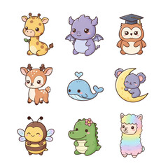 Obraz premium Adorable Kawaii Wild Animals Set Giraffe, Dragon, Deer, Koala, and Llama Vector Collection