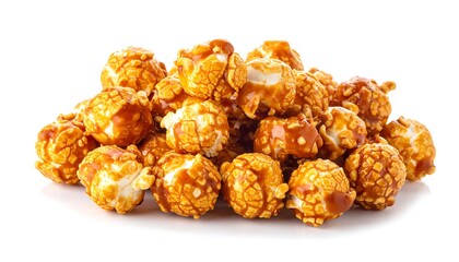A close-up shot of a heap of sweet, glazed popcorn. The kernels are coated in a shiny, golden-brown substance. Isolated against white