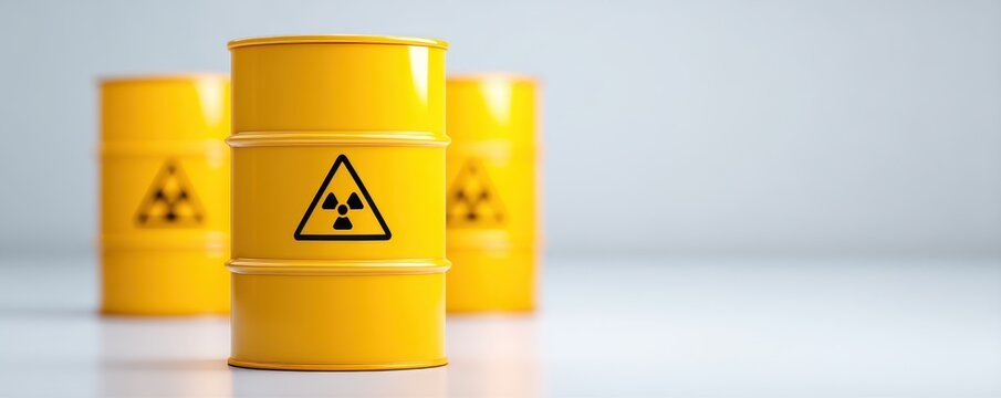 Hazard Toxic Signage concept. Yellow barrels with radioactive warning symbols on a neutral background. - Powered by Adobe
