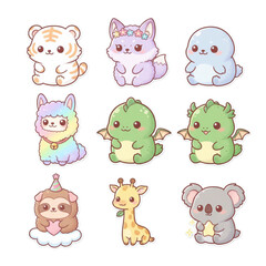 Naklejka premium Mega Cute Kawaii Chibi Animals Vector Collection: Adorable Tiger, Fox, Seal, Llama, Dragon, Sloth, Giraffe, Deer, Whale, Koala, and Baby Chick Illustration Set