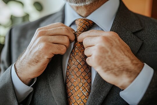 A man in a suit and tie adjusting his tie, standing in front of a building with a large clock tower.