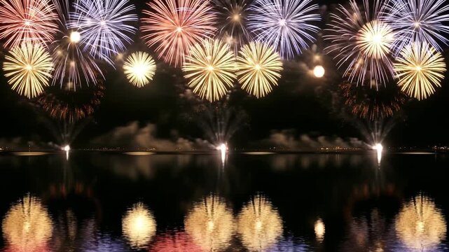 Spectacular colorful fireworks exploding over dark water surface with reflection at night, 4k video