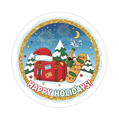 Cute Cartoon Winter Holiday Travel Illustration with Snowboard, Champagne, and Santa Hat