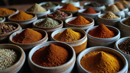 Spice Symphony: An array of colorful spice bowls present a rich tapestry of flavors, from turmeric's golden hue to paprika's fiery red, inviting a culinary journey