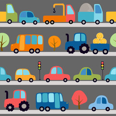 Colorful seamless pattern with cars, buses, trucks, tractors, trees and traffic lights