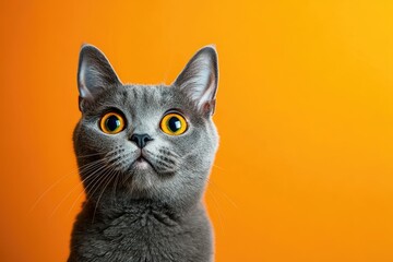 A gray cat with large, expressive eyes and a curious expression, standing against a vibrant orange background.