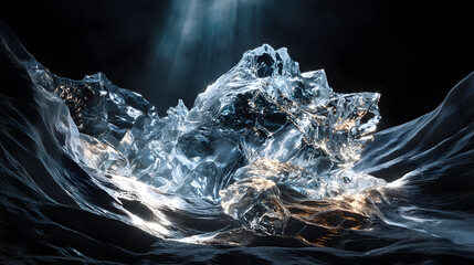 luxury icy glow fine art texture Stunning ice formation in flowing water reflections. macro frozen crystal sculpture detail blue luminous ice abstract background