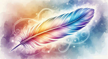 Luminous Spiritual Feather Aura Ethereal Trails Angelic Messages Assistance Watercolor Illustration JPG