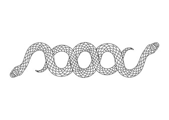 A black and white illustration of a writhing snake with scales. Two snakes are intertwined. Suitable for decorative patterns, thematic designs, logos, and graphic projects.