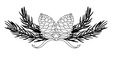 Illustration with fir cones, branches and decorative ribbon. Perfect for New Year's decorations, holiday designs, labels, cards, and seasonal decorating projects with a winter holiday theme.