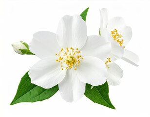 Fototapeta premium Jasmine blossoms, white petals, green leaves, yellow stamens