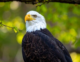 Obraz premium A close-up shot of a majestic bird of prey, featuring white head, yellow beak, and dark feathers. Its gaze is intense