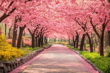 Naklejka premium A serene path lined with cherry blossom trees, leading the viewer through a tranquil setting.