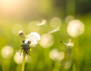 Close-up of dandelion seed head, floating in golden sunlight