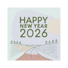 
Minimalist Happy New Year 2026 Landscape Illustration with Winding Road and Pine Trees