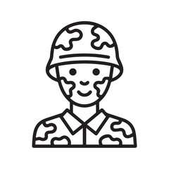 Soldier Icon Vector Illustration of Army Man in Camouflage Uniform and Helmet Line Art Isolated on White Background
