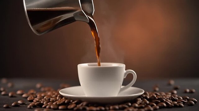 Pouring fresh hot coffee into a white cup surrounded by roasted coffee beans.