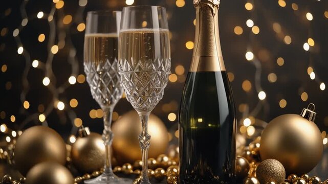 A bottle of sparkling wine and two glasses with festive golden decorations.