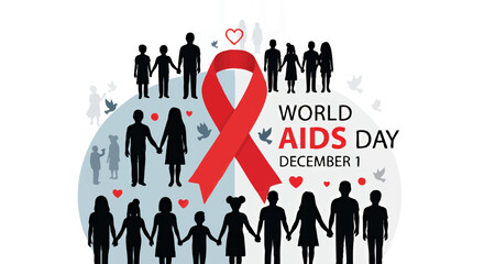 World AIDS Day illustration featuring a red ribbon, silhouettes of people holding hands, and a heart, symbolizing unity and awareness.