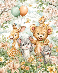 pastel cute animal parade illustration Cute animals celebrating with balloons in flowers. adorable nursery wallpaper design tiny forest friends marching pattern